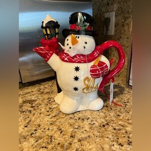 Blue Sky Clayworks Christmas Snowman Teapot with Red Accents